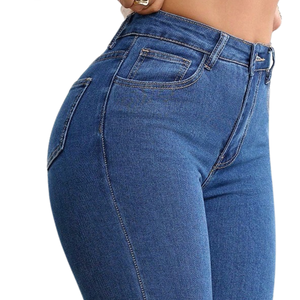 Mid <b>Waisted</b> Flare <b>Jeans</b> Women Stretch Slim Fit Denim Pants Winter Washed Solid Vintage Blue <b>Elastic</b> Bell Bottom Casual - Product Image 3
