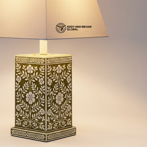 Lanterne de table artisanale verte à motifs floraux avec incrustations en os et abat-jour en tissu, lampe décorative de chevet pour salon et décoration intérieure - Product Image 4