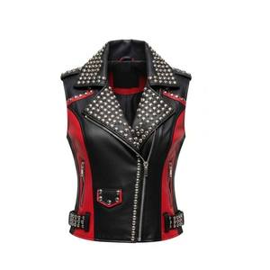 Unisex Genuine Cowhide Canvas Nonwoven Moto Vest V-Neck Rivet Decorated <b>Sleeveless</b> Black Winter Windproof Heated Satin Zipper - Product Image 1