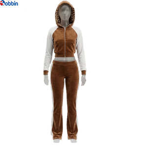 Customized Logo <b>Women's</b> Winter Leopard Lined <b>Velvet</b> Cropped Hoodie High Waist Flare Pants Velour 2 Pcs <b>Tracksuit</b> Casual Outfit - Product Image 1