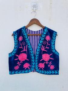 Artisan <b>Blue</b> Velvet Cotton Suzani Floral Lightweight <b>Women's</b> Embroidered Bohemian Ethnic Sleeveless Vest Coat <b>Waistcoat</b> - Product Image 1