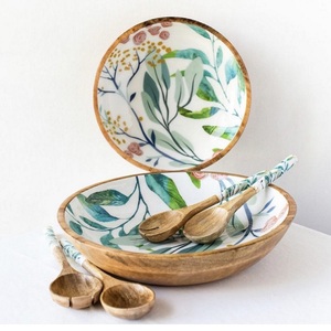 Juego de Servidores de Ensalada de Madera, Cuchara Grande para Ensalada, Tazón para Ensalada con Adhesivo Esmaltado, Diseño Floral, Tazón para Frutas, Decoración de Mesa para el Hogar y Hoteles - Product Image 2