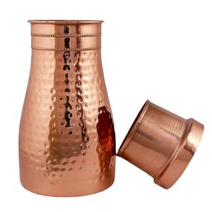 Handcrafted Hammered Copper Water Pitcher with Matching Tumbler Set Solid Copper Water <b>Storage</b> Pot with Drinking Glass - Product Image 2