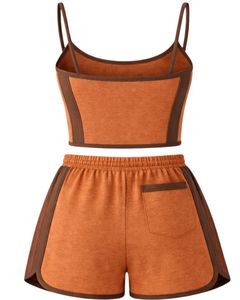 Burnt Orange Brown Women Camisole And Shorts Set Summer Two Piece Outfit Cotton Blend Crop Top <b>Leaf</b> Print Drawstring Shorts - Product Image 2