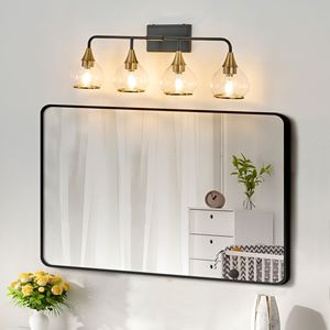 Applique da Parete Moderna a 4 Luci da 31 Pollici, Lampada Industriale per Bagno con Paralumi in Vetro Trasparente, Illuminazione a Parete Nera e Oro - Product Image 2