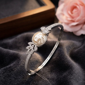Luxury Brass Silver Plated Pearl <b>Bangle</b> <b>Bracelet</b> Cubic Zirconia Leaf Charm Open Cuff <b>Bangle</b> Jewelry For Women Wedding - Product Image 3