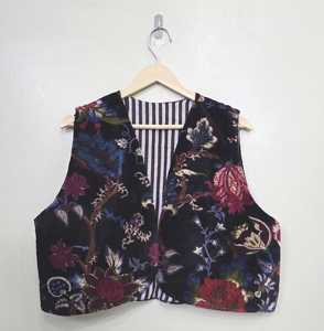 Black Velvet Cotton Floral Print Quilted Jacket-Reversible Winter Sleeveless Outerwear - Product Image 5
