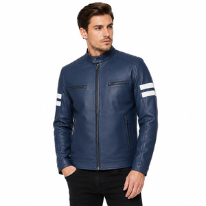 Custom Logo Men's Real Leather <b>Biker</b> <b>Jacket</b> Navy Blue Contrast <b>White</b> Arm Stripes Zip Up Motorcycle Coat Private Label Wholesale - Product Image 3