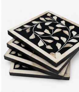 Handmade Bone Inlay <b>Coaster</b> Set with Holder Set of 6 Rustic Eco-Friendly Black <b>White</b> Floral Design Luxury Table Decor Gift Set - Product Image 4