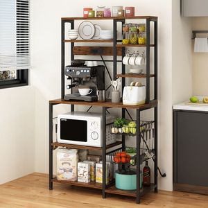 10 Ganci a S con 6 Ripiani a Strisce, Scaffale per Forno a Microonde Marrone Retrò 96.8*40*170cm, Pannello in Truciolato Melaminico Marrone Retrò - Product Image 4