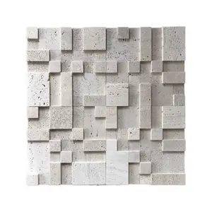 Square Sheet Classic 3D Beige Marble Travertine Stone Mosaic Tiles For Bathroom Kitchen Wall Decorative Panels