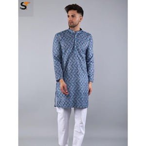 DISEÑADOR RAYON SECUENCIA TRABAJO HOMBRE KURTA CON PIJAMA AZUL MARINO - Product Image 1