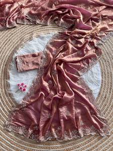 Sari en satin de soie pur et doux avec broderies étonnantes et blouse à multiples bordures brodées pour mariage et fête - Product Image 5
