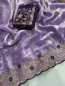 Designer Beautiful Sequence Embroidery Work Space <b>Satin</b> <b>Saree</b> With Worked Contrast Unstitched Blouse Piece - Product Image 6