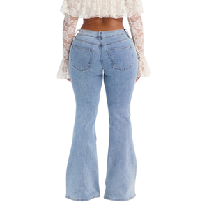 Womens Light Blue <b>Embroidered</b> Flare <b>Jeans</b> High Waist Full Length Casual Denim Pants Fashion Floral Detail Everyday Wear Pants - Product Image 2