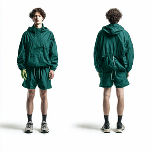 Ensemble veste coupe-vent à capuche et short pour homme, léger, sportif, coupe ample, couleur unie, fermeture à cordon, tenue de pluie d'été pour homme - Product Image 4