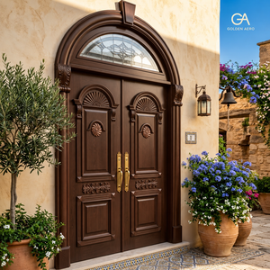 Puerta Doble Exterior de Entrada GA-03F, Resistente, de Madera Cengal con Núcleo Sólido y Panel Superior de Vidrio - Product Image 1