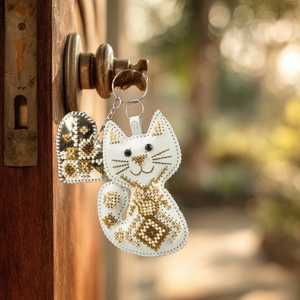 Beaded Cat <b>Keychain</b> Embroidery Kit on Eco <b>Leather</b> DIY Handmade Accessory by Wonderland Crafts - Product Image 2
