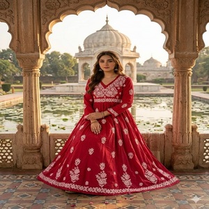 Elegante y Sencillo Vestido Largo de Mujer con Cinturón a Juego, Estilo A-Line, de Chanderi Chikankari, Cintura Natural, Manga Larga, Ecológico, para Fiestas - Product Image 1