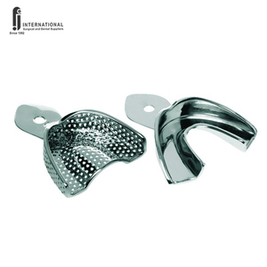 FJ INTERNATIONAL Porte-empreintes dentaires personnalisables en acier inoxydable, perforés et non perforés, pour empreintes supérieures et inférieures en alginate, CE - Product Image 1