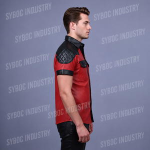 เสื้อเชิ้ตหนังแกะสีแดงดำสำหรับผู้ชาย แขนสั้น ตกแต่งผ้าแบบควิลท์ที่ไหล่ แผงตัดต่อสีตัดกัน ติดกระดุมแป๊ก สไตล์ลำลองสำหรับงานปาร์ตี้ - Product Image 3