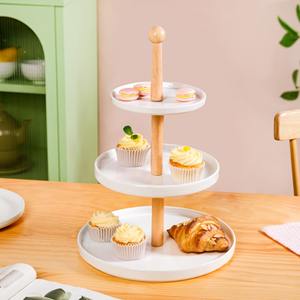 3 Tier White Ceramic <b>Cake</b> <b>Stand</b> With Wooden Pillar Round Porcelain Dessert Display Tray <b>Tiered</b> Serving Platter for Tea Party - Product Image 1