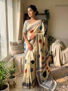 Indian & Pakistani Fancy <b>Satin</b> Floor-Length <b>Saree</b> with Polka Dots for Women-Wedding & Party Ethnic Wear in Stock - Product Image 3