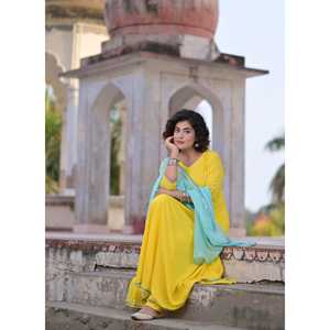 Ensemble de costume jaune en rayonne à motif cachemire pour femme, taille XS, en tissu mousseline - Product Image 6