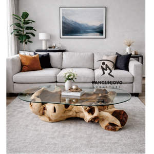 Plateau de table basse rustique en bois massif Monkey Pod avec surface en verre pour salon - Product Image 2