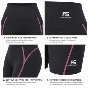 Shorts cycliste taille haute pour femme, noir et rose poudré, avec passepoil contrastant, logo personnalisé, compression, pour gym, yoga et activewear, marque privée, vente en gros - Product Image 4