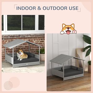 Cuccia per Cani da Esterno in Vimini con Tettoia Impermeabile e Cuscino, Letto Rialzato per Cani Piccoli e Medi, Arredamento per Animali in Rattan - Product Image 3