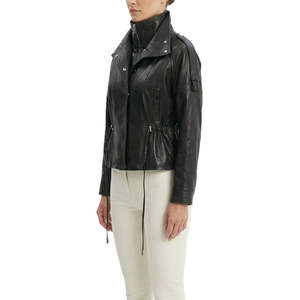 Veste en cuir utilitaire urbaine pour femme avec taille ajustable par cordon de serrage et col cheminée - Product Image 2