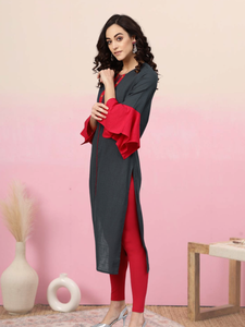 Kurta Droite en Coton Slub avec Broderie Miroir, Couleur Gris Bleuâtre, Vêtement Ethnique Traditionnel Décontracté pour Fêtes, Tenue de Bureau Quotidienne pour Femme - Product Image 3