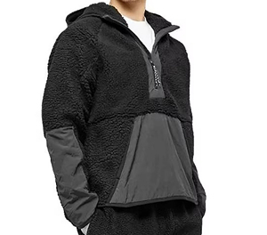 Men's Black <b>Fleece</b> Hooded Quarter-Zip <b>Jacket</b> <b>With</b> Windproof Panels And Sherpa <b>Lining</b> Winter Casual Wear - Product Image 4