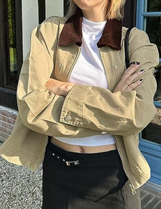 Women's beige Genuine <b>Leather</b> Moto <b>Jacket</b> Full Sleeve Stand Collar Zipper Closure Autumn Style - Product Image 4