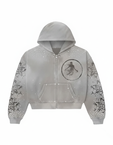 Sudadera con capucha y cremallera de felpa francesa con lavado ácido para hombre, diseño gráfico desgastado con pedrería de 400 GSM, perfecta para la moda urbana - Product Image 1