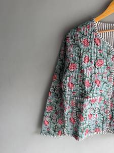 Floral Quilted Cotton Jacket V Neck Three Quarter Sleeve Prairie Chic Open Stitch Design Patch Pockets Spring Wear gift for her - Product Image 3