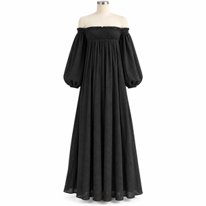 Black off Shoulder Maxi <b>Dress</b> Women Lantern Sleeve | <b>Boho</b> Woven Fabric Natural Waist Daily <b>Summer</b> Wear - Product Image 1