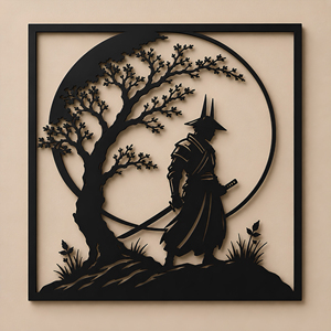 Décoration murale SAMOURAÏ & SILHOUETTE D'ARBRÉS – Art mural en métal encadré, Silhouette d'arbre zen asiatique, Décoration suspendue pour la maison - Product Image 4