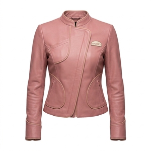 <b>Women</b> Genuine Sheepskin Leather Jacket Asymmetrical Rose Gold Zip Fitted Rider Biker <b>Coat</b> Outerwear Dusty Pink - Product Image 1