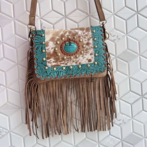 Bolso con flecos de cuero de piel de vaca, bolso con flecos de piedra de Color turquesa, bolso hecho a mano de estilo occidental bohemio gitano, bolsos multiusos - Product Image 1