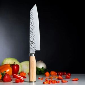 Cuchillos de chef Kiritsuke Premier Blonde de 8 pulgadas, hoja de acero de Damasco martillada, cuchillos de cocina con mango de madera para profesionales - Product Image 2