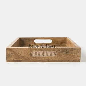 Plateau de service rectangulaire décoratif en bois de papdi biodégradable, fait main, moderne, à bords festonnés, gravé géométriquement, durable, motif cercle - Product Image 3