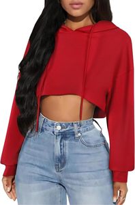 Sudadera Roja Corta con Capucha, Manga Larga, Hombros Caídos, Tejida, Color Sólido, Informal, para Otoño, para Mujer - Product Image 4
