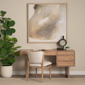 Bureau d'écriture en bois de manguier avec 5 tiroirs en rotin tressé, finition naturelle, table de bureau en bois, bureau d'étude moderne pour le mobilier de bureau à domicile - Product Image 3