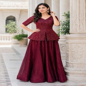 Party wear Fancy Satin with Solid & Kali Pattern <b>Flared</b> Lehenga & <b>Sequin</b>-Pipe Embroidery Peplum-Choli Ready Set Indian Supplier - Product Image 1
