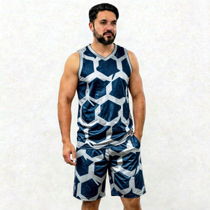 Ensemble débardeur et short pour homme à imprimé géométrique, col en V, séchage rapide, en polyester tricoté, tenue sportive d'été - Product Image 1