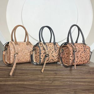 New Arrival Hand Tooled Floral Cowhide Leather Small Speedy Bags Western Travel Purse Vintage Style Genuine Leather Duffle Bags - Product Image 5
