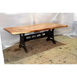 アカシアライブエッジ厚い木製工業用鋳鉄ハンドリフティング調節可能なクランクベースホームカフェレストランオフィスダイニングテーブル