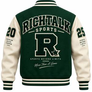 <b>Men's</b> Green <b>Cream</b> Varsity <b>Jacket</b> Embroidered Letter R Zipper Closure Preppy Style Autumn Wear - Product Image 2